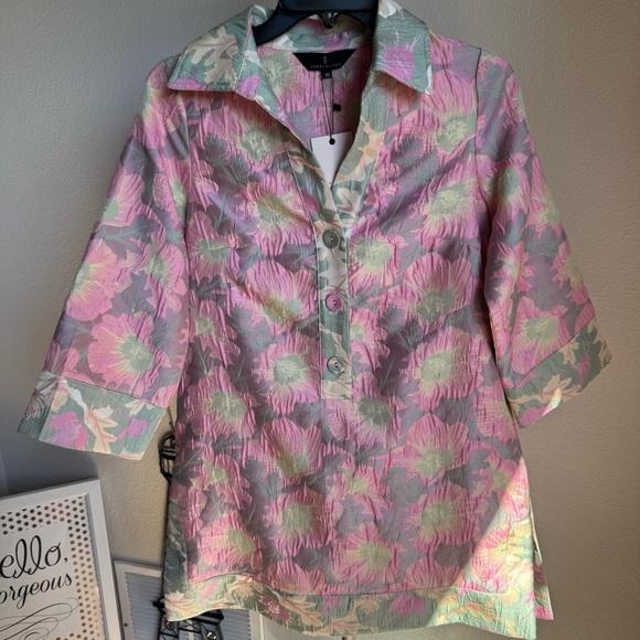 NWT Abbey Glass Piper Jacquard Floral Print V-Neck 34 Sleeve Caftan Mini Dress - Picture 9 of 15